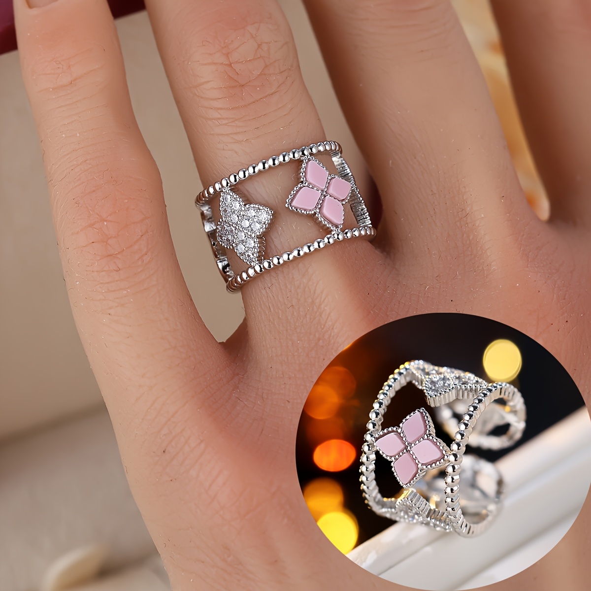 Women's Retro Four-Leaf Clover Open Ring, Unique Design